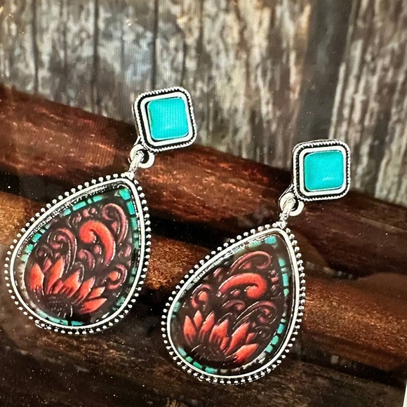 Vintage Droplet Shape Sunflower Print Dangle Earrings, Boho Western Style, Gift - Picture 8 of 10